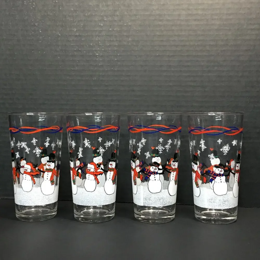 KIG Set of 4 Vintage Snowman Tea Water Drinking Glasses Tumblers Barware